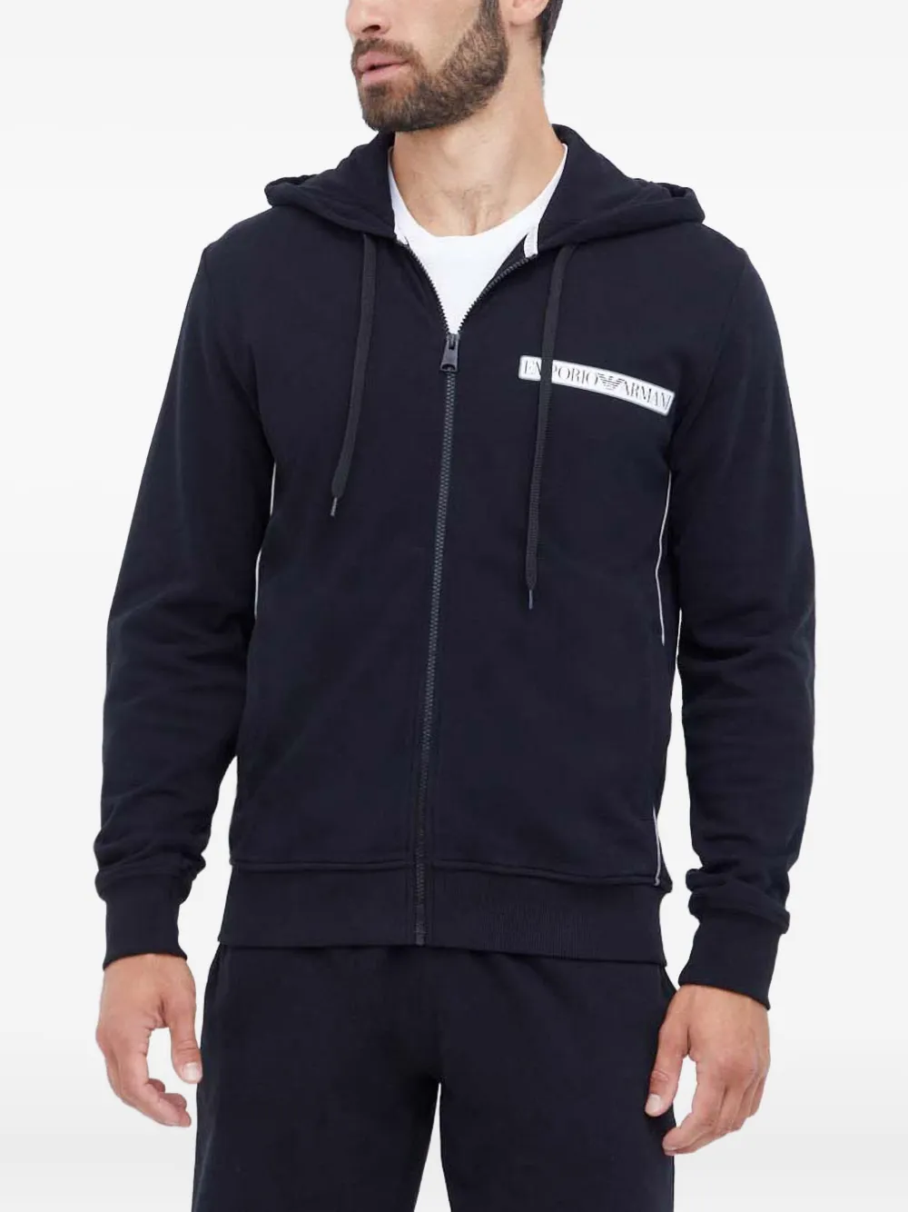 Emporio Armani Logo Zip-up Hooded Knitwear In Blue