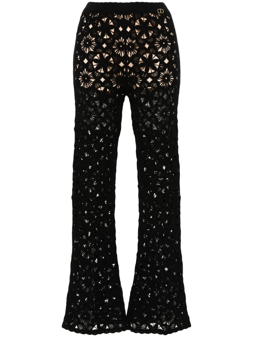 Twinset Floral-crochet Flared Trousers In Black