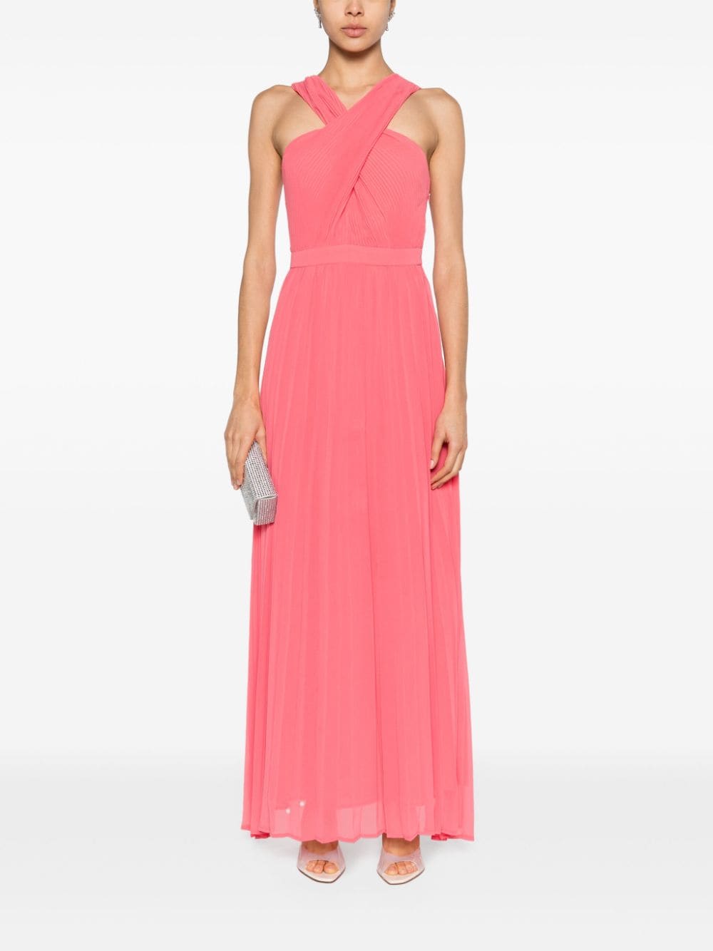 Shop Liu •jo Crossover-neck Pleated Maxi Dress In Pink