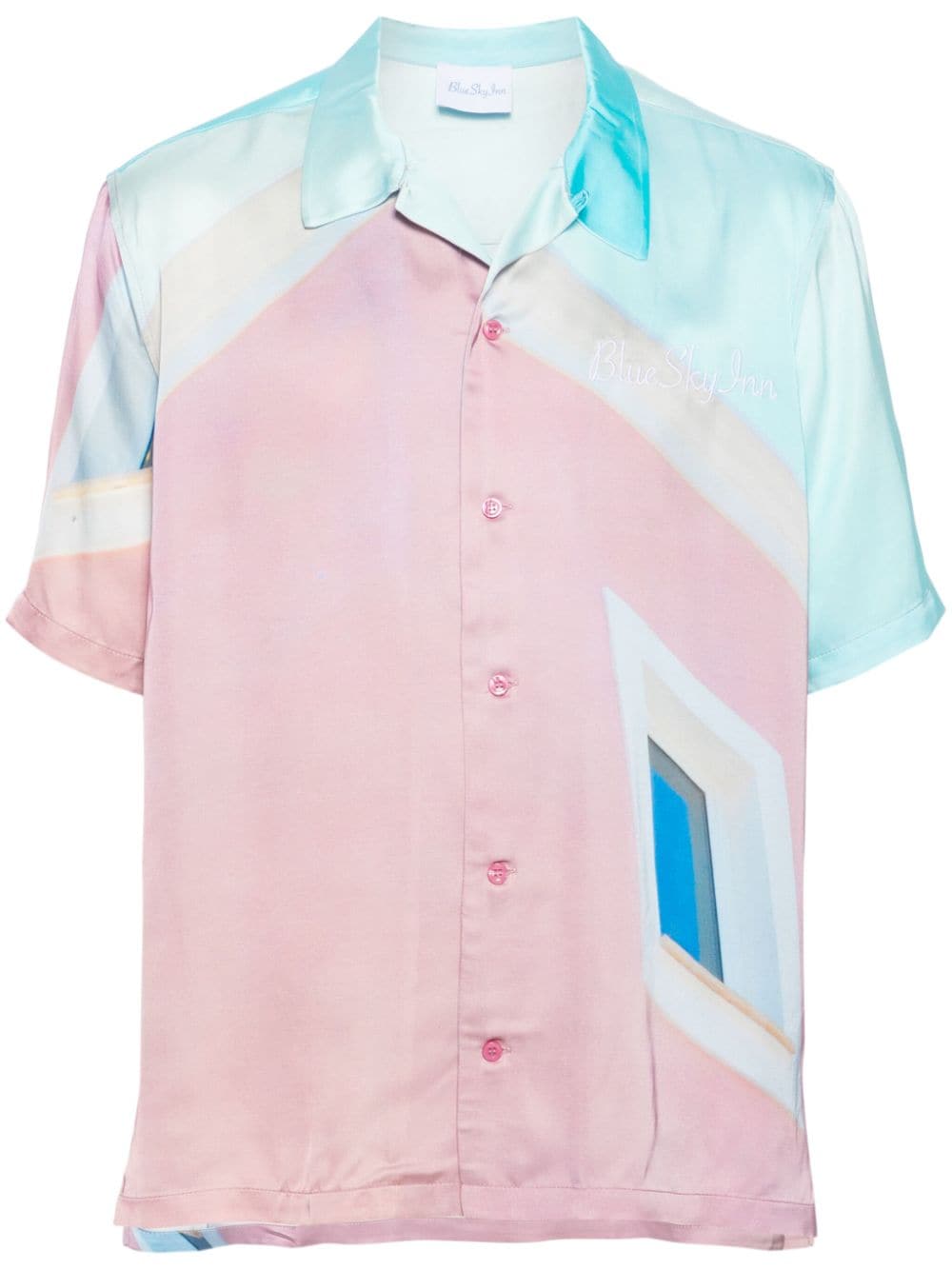 Blue Sky Inn Graphic-print Satin Shirt In Pink