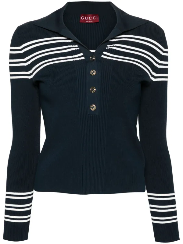 Gucci Striped Ribbed-knit Polo Top in Blue