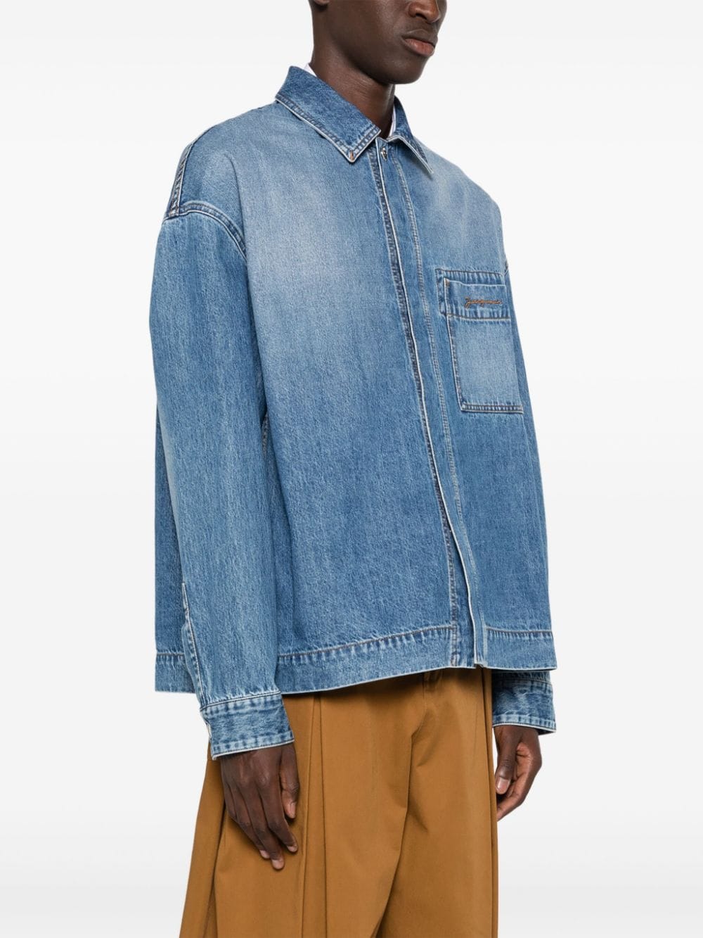 Shop Jacquemus La Chemise Logo-embroidered Denim Shirt In Blue