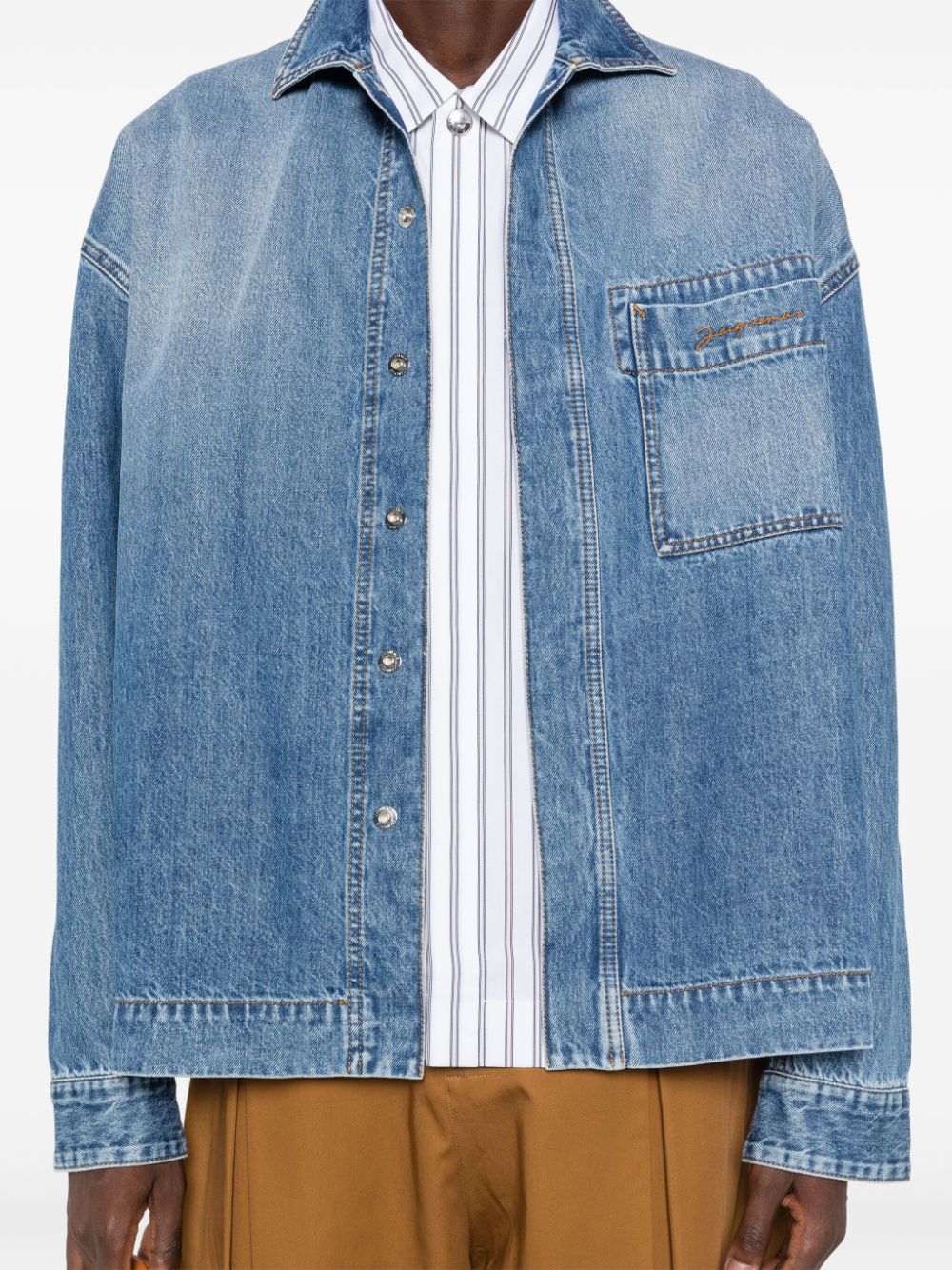 Shop Jacquemus La Chemise Logo-embroidered Denim Shirt In Blue