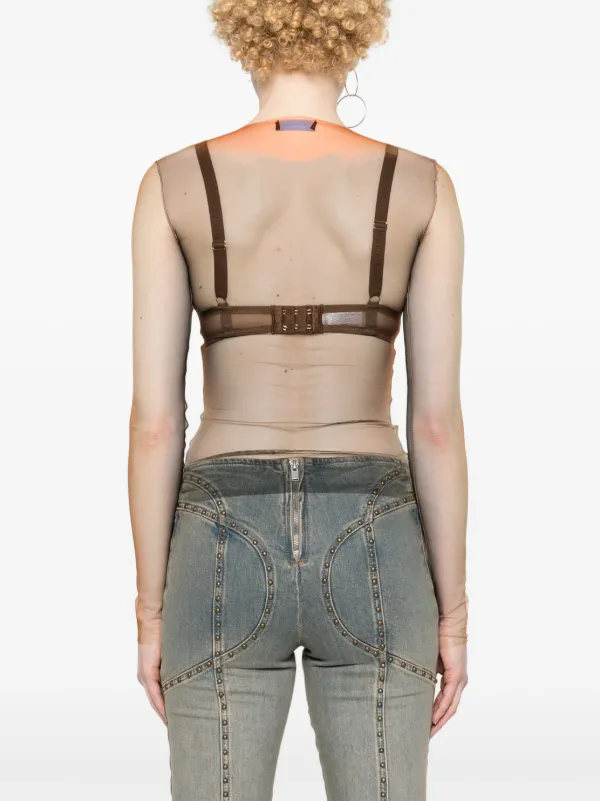 Mugler long-sleeve Mesh T-shirt | Brown | FARFETCH