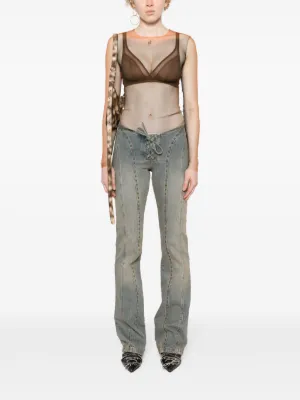 【Mugler】カットアウトメッシュクロップトップ black mesh corseted raw denim top | MUGLER Official Website
