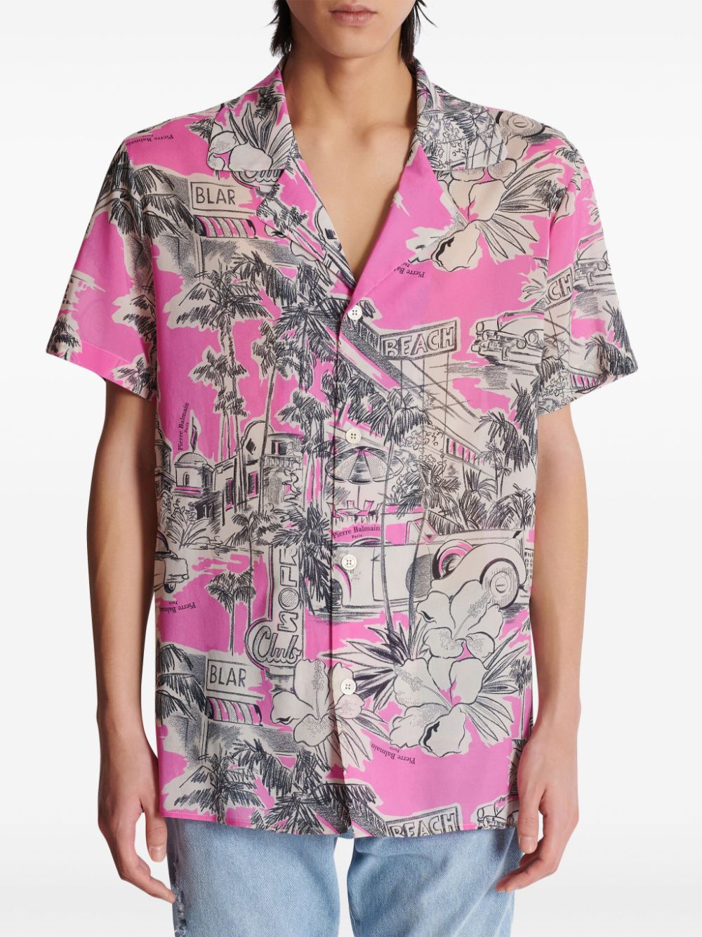 Shop Balmain Miami Print Silk Camp Shirt In Grey