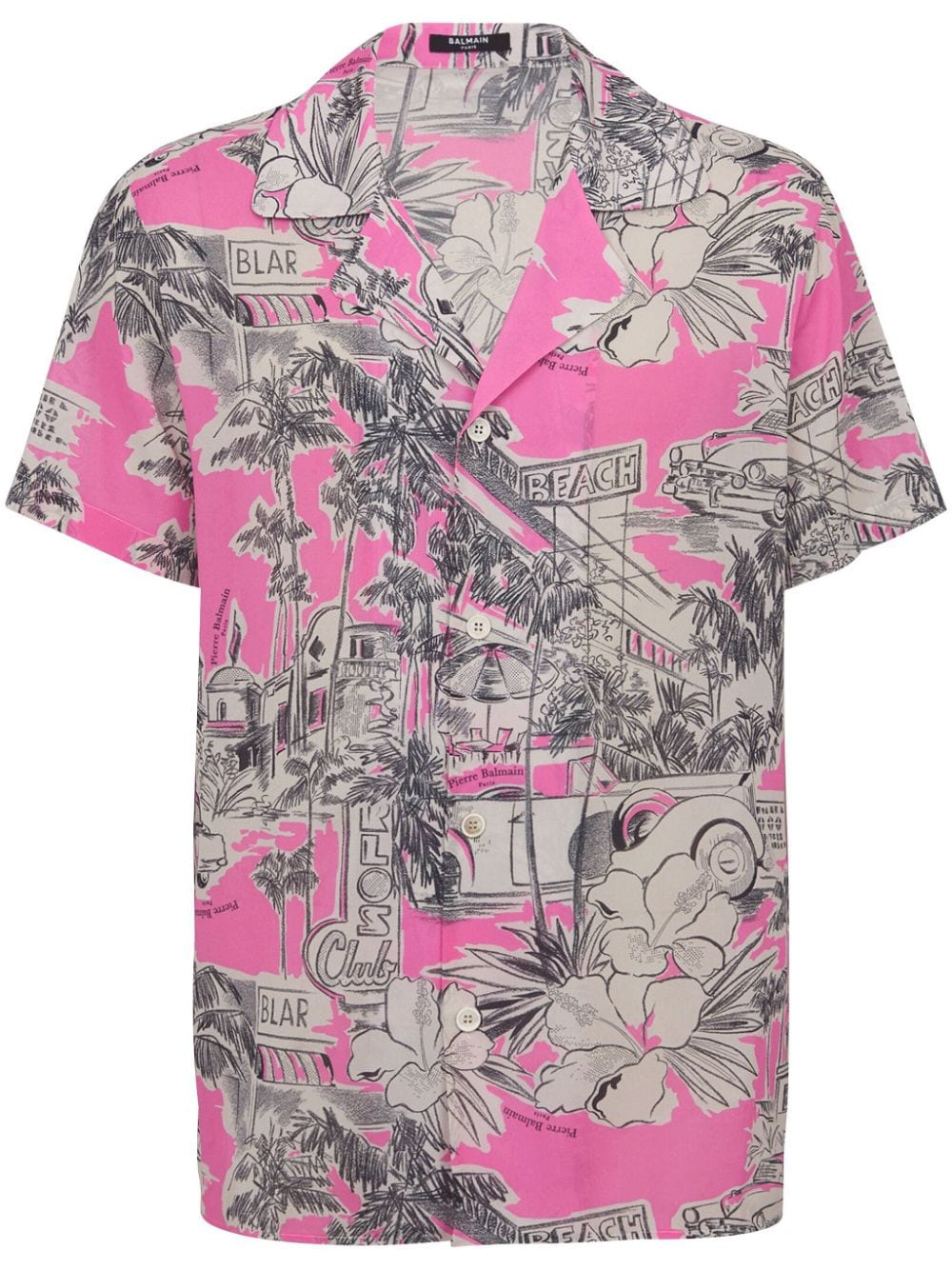 Shop Balmain Miami Print Silk Camp Shirt In Grey