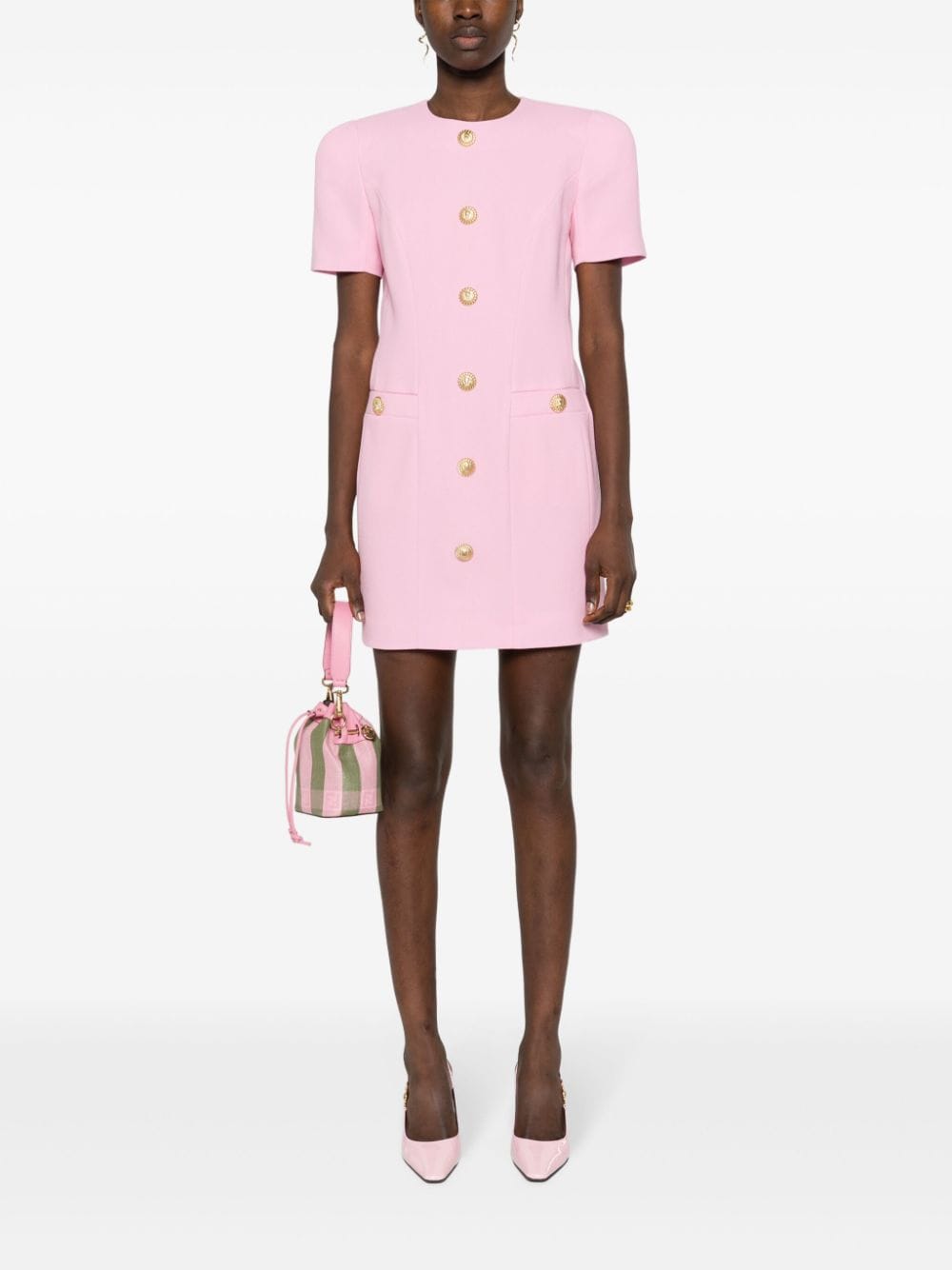 Shop Balmain Voluminous-shoulder Mini Dress In 粉色