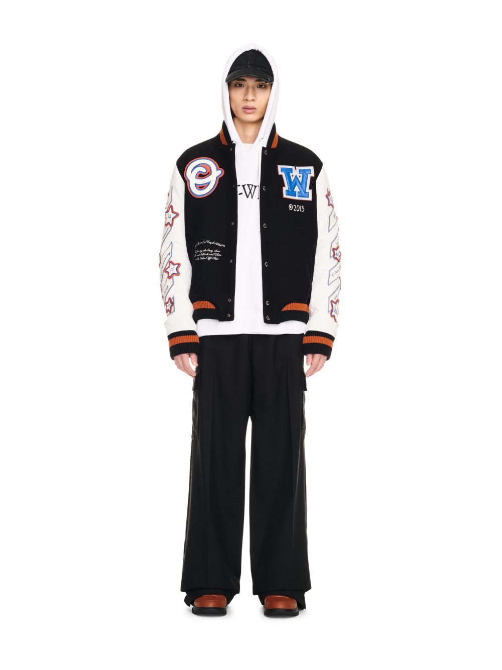 Shop Off-white Black Wizard Leather Wool Varsity Jacket