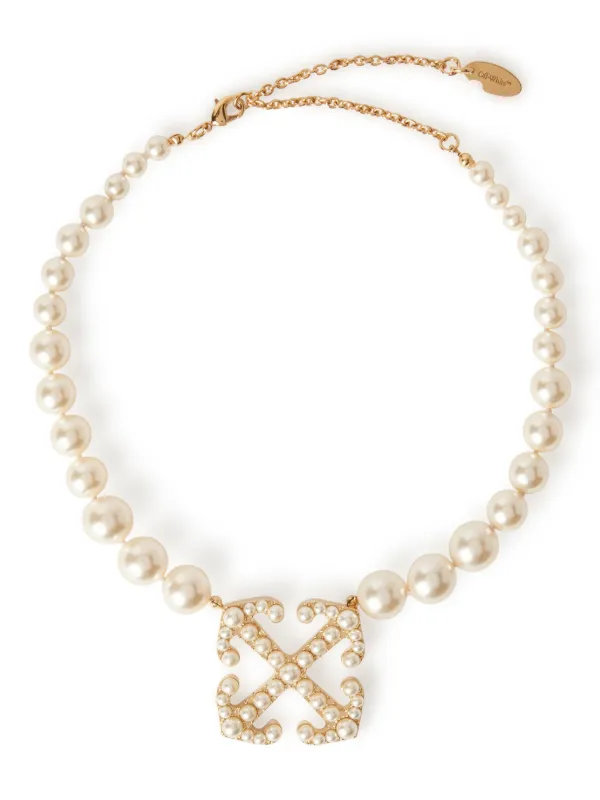 Off-White Pearls Pave Arrow-motif Necklace in Gold