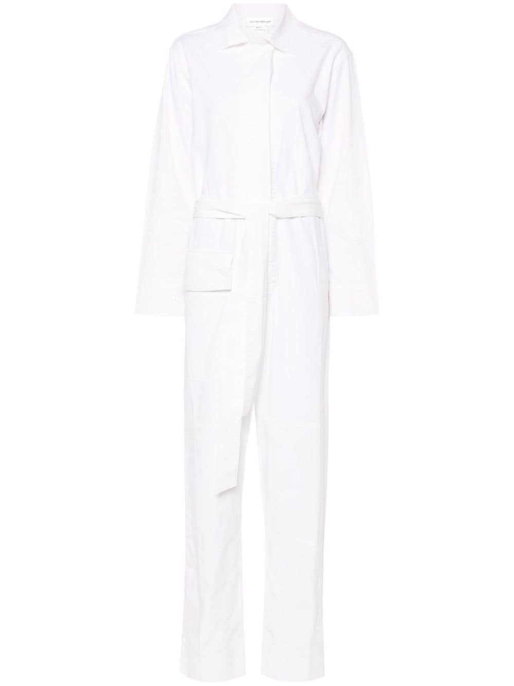 Victoria Beckham Belted Cotton Jumpsuit In Weiss