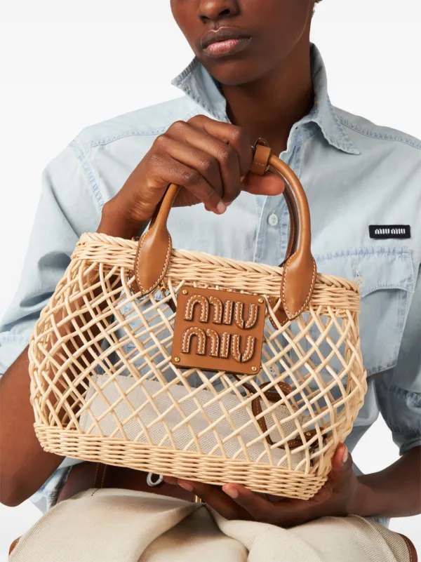 Miu Miu logo-appliqué Interwoven Tote Bag | Neutrals | FARFETCH