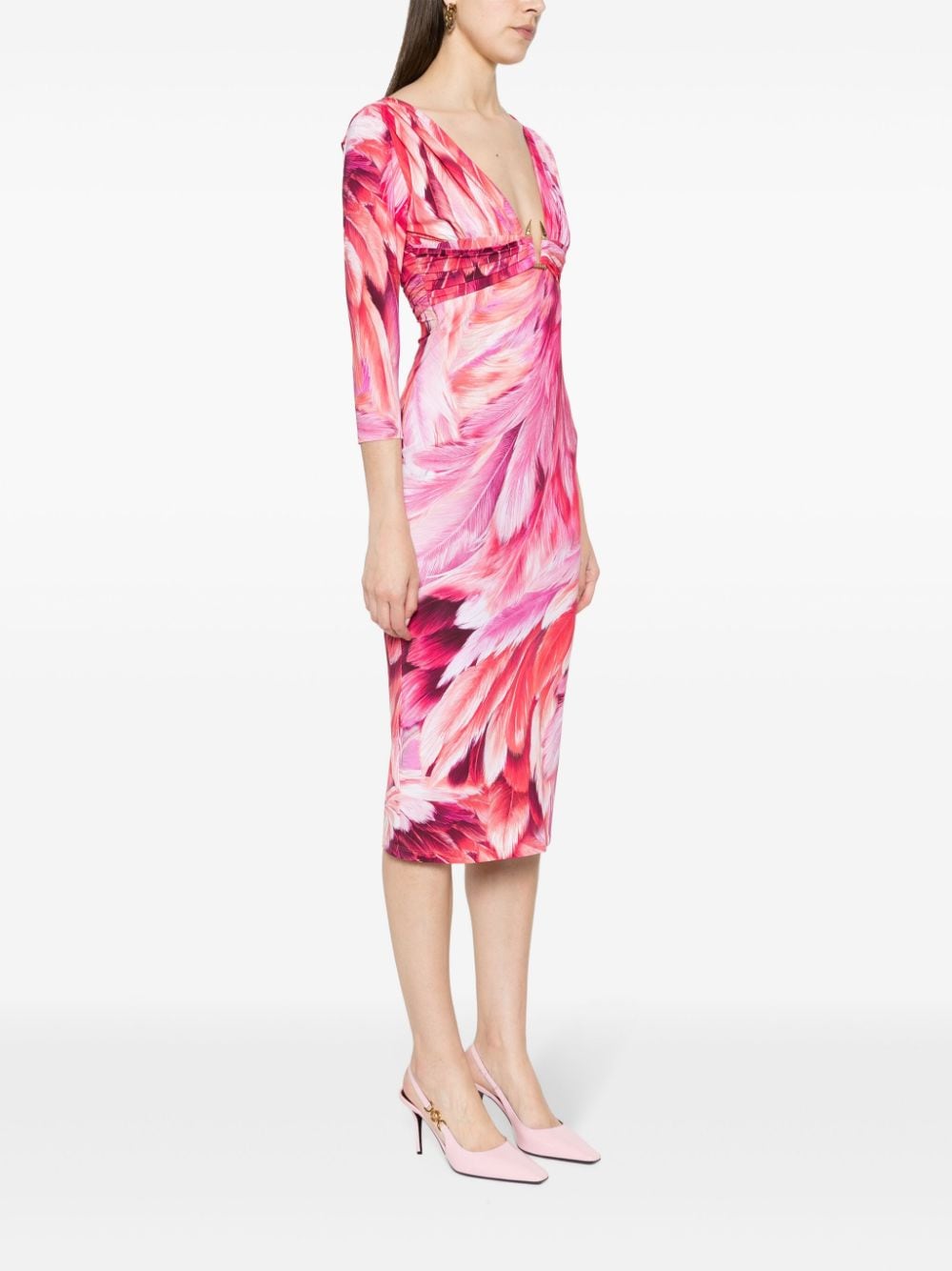Shop Roberto Cavalli Plumage-print Midi Dress In 粉色