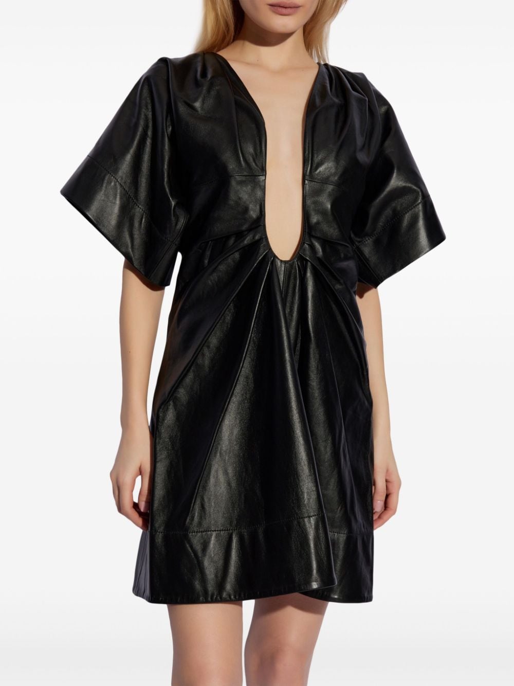 Shop Victoria Beckham Pleated Leather Minidress In Black