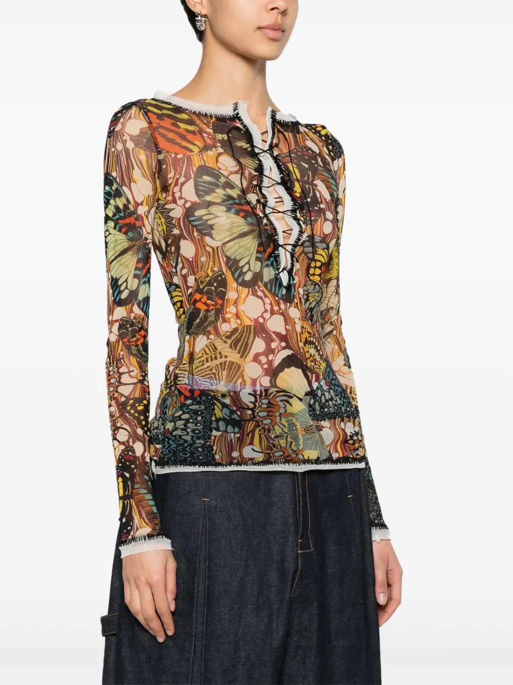 Shop Jean Paul Gaultier Papillon-print Mesh Top In Yellow