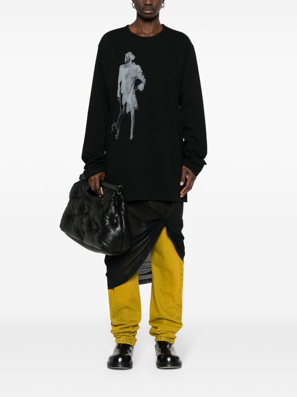 Yohji Yamamoto T-shirt met print en lange mouwen Zwart