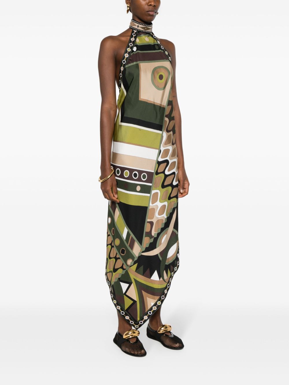 Shop Pucci Geometric Silk Maxi Dress In Green