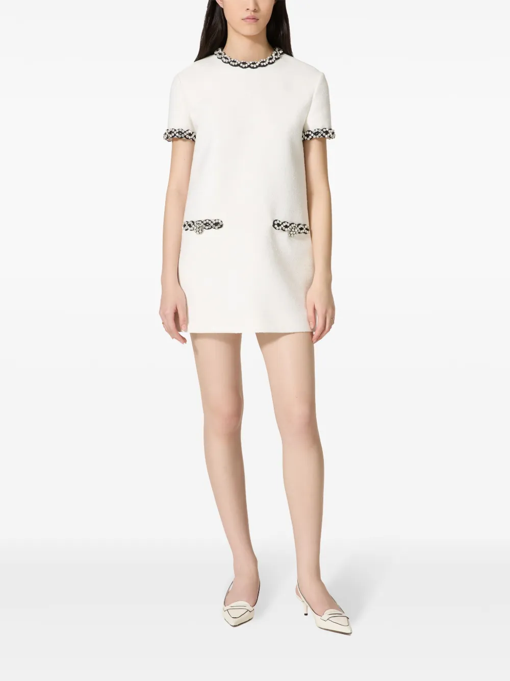 Valentino Embroidered Crisp Tweed Short Dress In White
