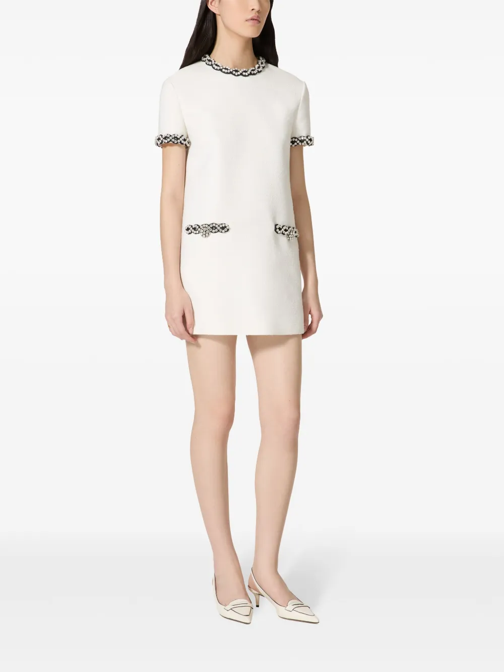 Valentino Embroidered Crisp Tweed Short Dress In White