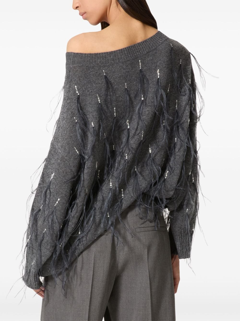 Shop Valentino Embroidered-feathers Woll Jumper In Grey