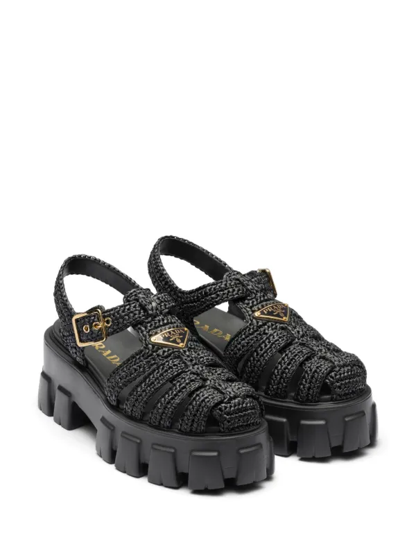 Prada Caged Flatform Raffia Sandals Black FARFETCH AU