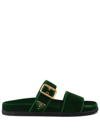 Prada Enamel triangle logo Velvet Slides Green FARFETCH UK