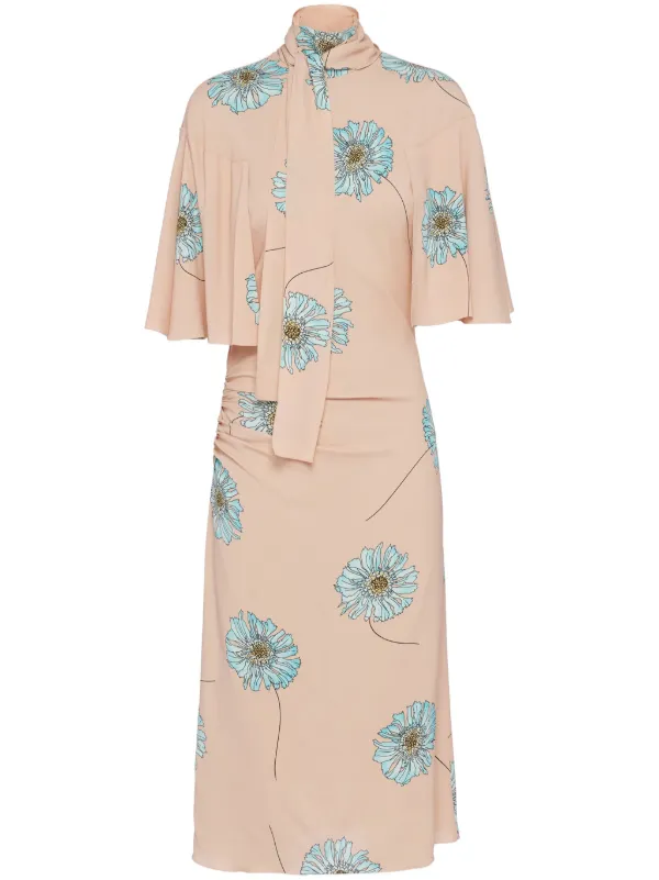 Prada Floral-print Pencil Dress in Neutrals