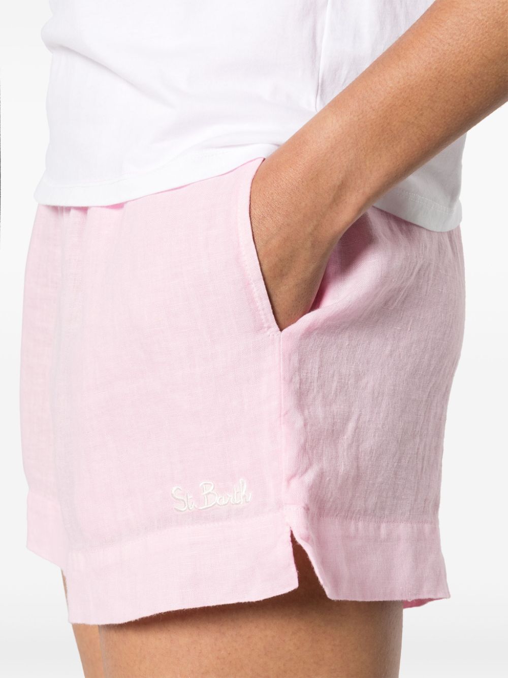 Shop Mc2 Saint Barth Logo-embroidered Linen Shorts In Pink