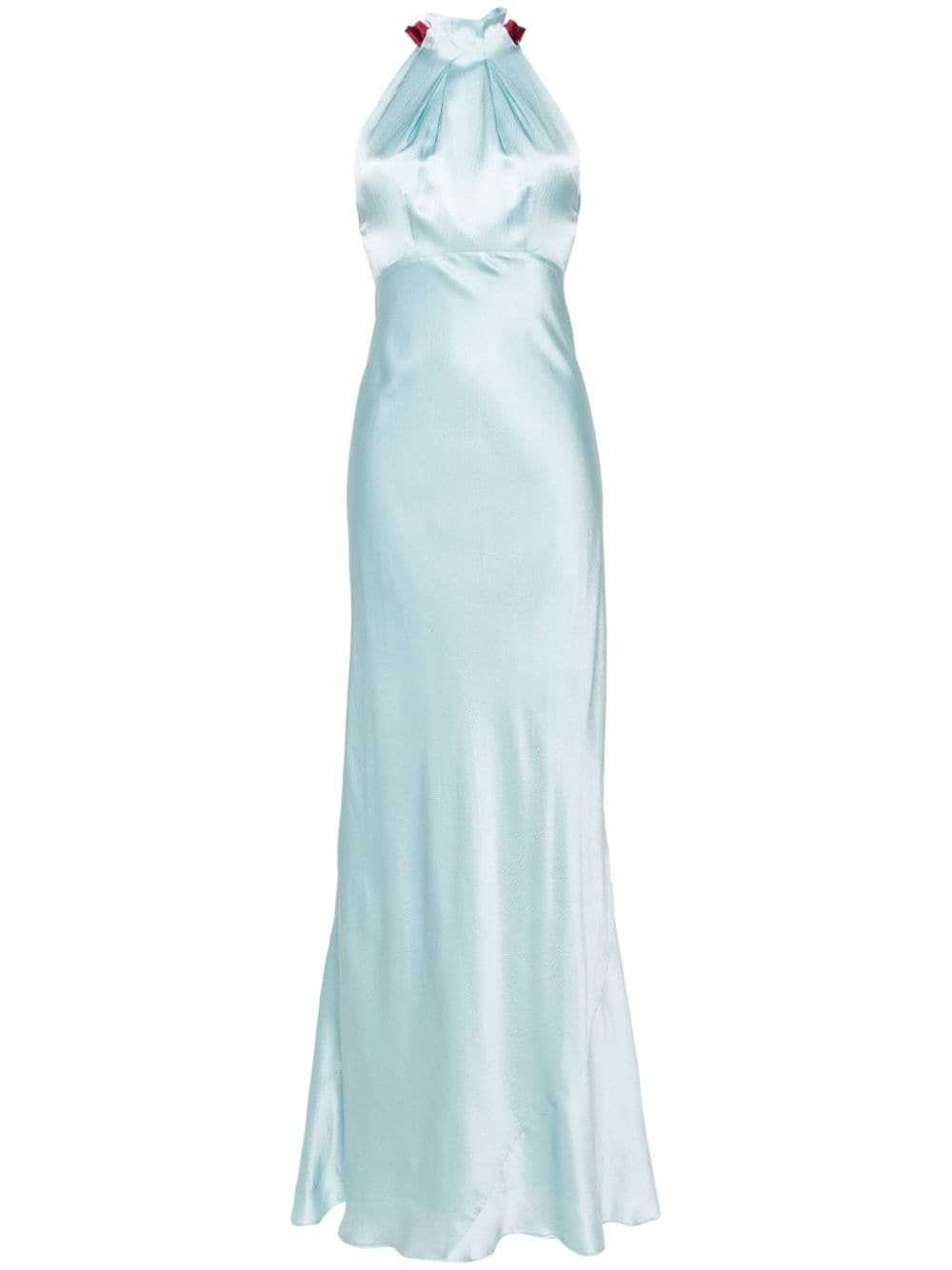 Saloni Pleated-neck Seersucker Gown In Blue