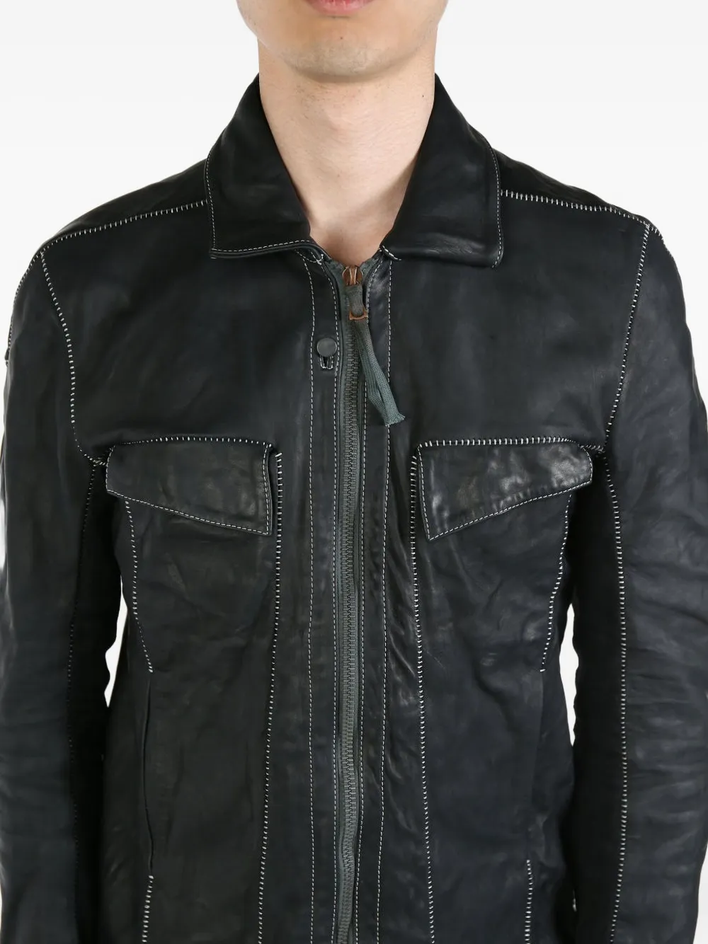 Boris Bidjan Saberi Contrast-stitch Leather Jacket In Black