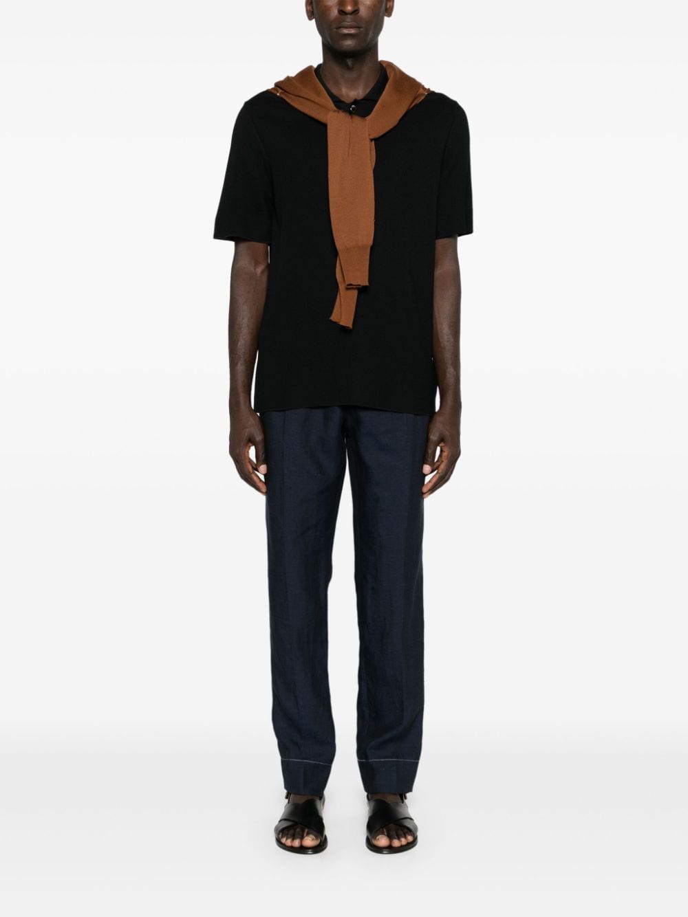 Shop Brioni Tapered-leg Linen Trousers In 蓝色