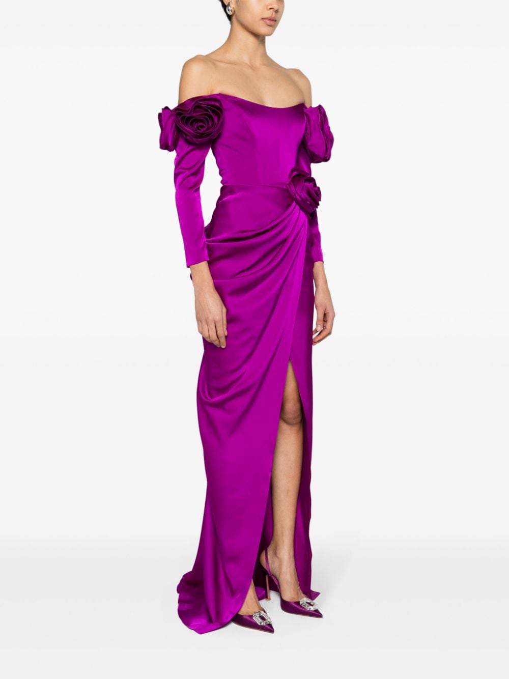Shop Ana Radu Floral-appliqué Satin Gown In Purple