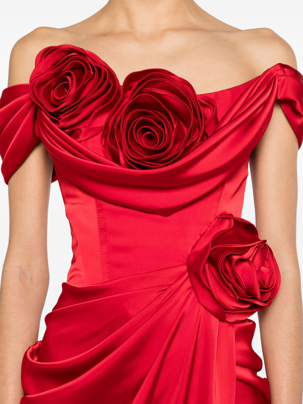 Shop Ana Radu Floral-appliqué Satin Gown In Red