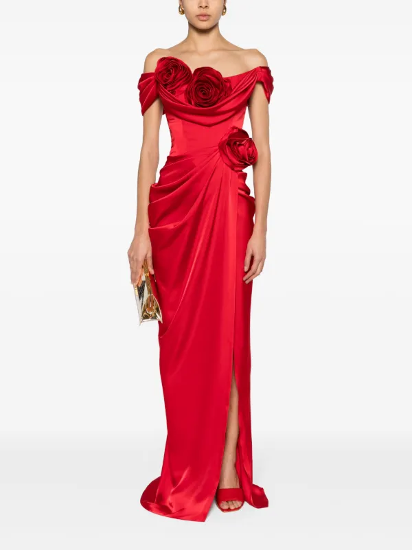 Ana Radu Floral-appliqu Draped Gown - Red