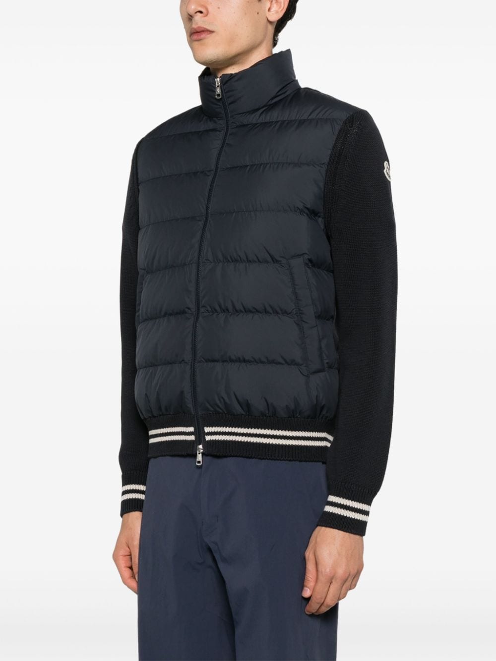 Shop Moncler Knitted-panels Padded Jacket In Blue