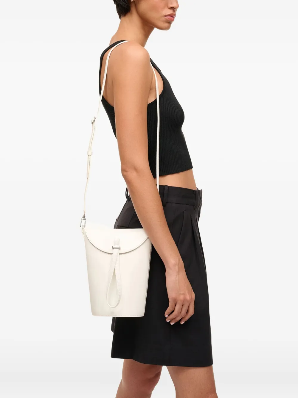 Staud Leather Bucket Bag Top Handle In White