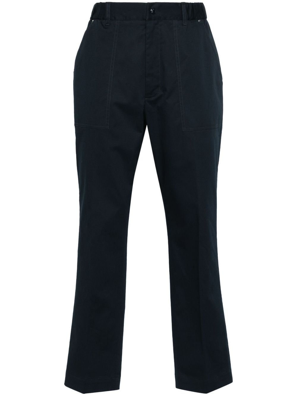 Moncler Logo-patch Gabardine Tapered Trousers In Blue
