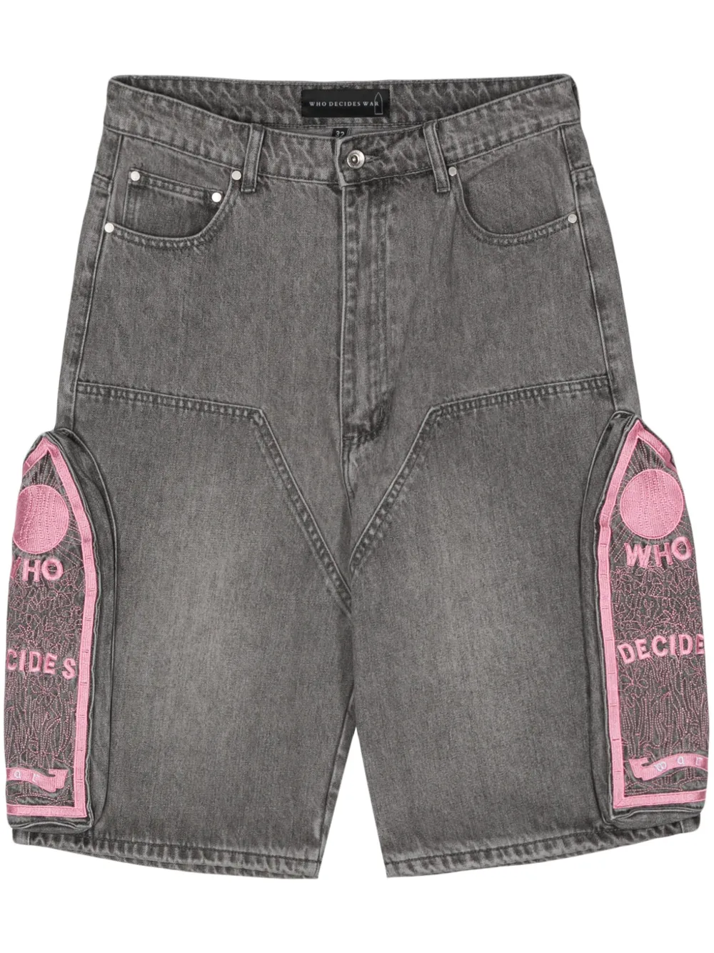 WHO DECIDES WAR EMBROIDERED-LOGO DENIM SHORTS