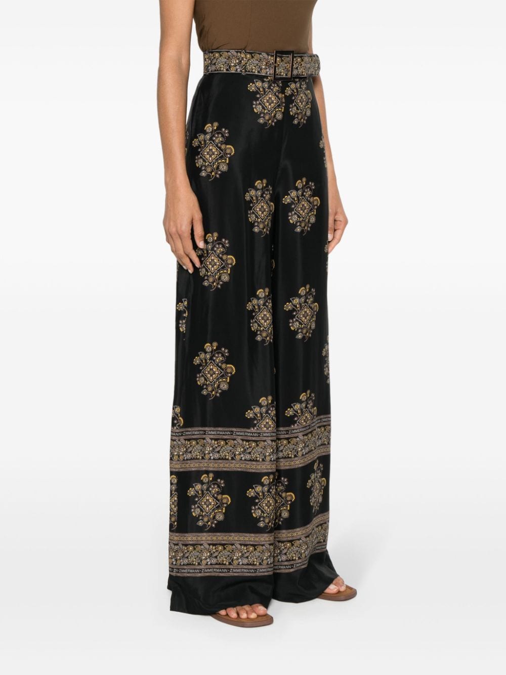 Shop Zimmermann Floral-print Belted Palazzo Pants In Black