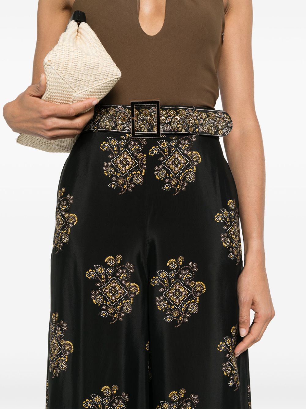 Shop Zimmermann Floral-print Belted Palazzo Pants In Black