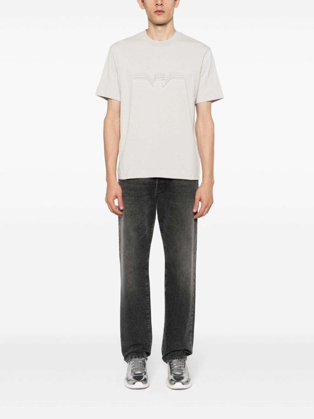 Shop Emporio Armani Logo-embossed Cotton T-shirt In Grey