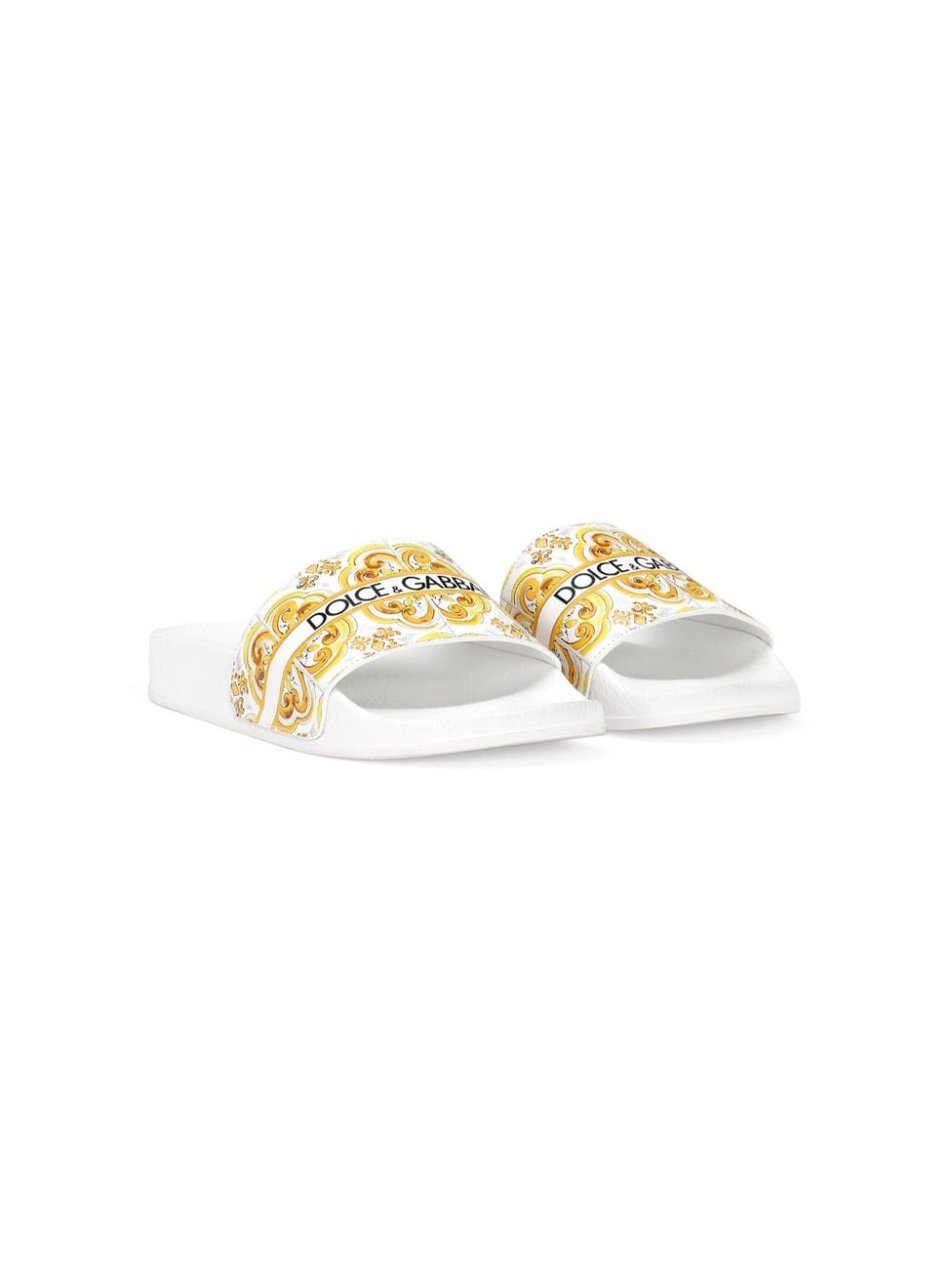 Dolce & Gabbana Kids' Majolica-pattern Logo-print Slides In White
