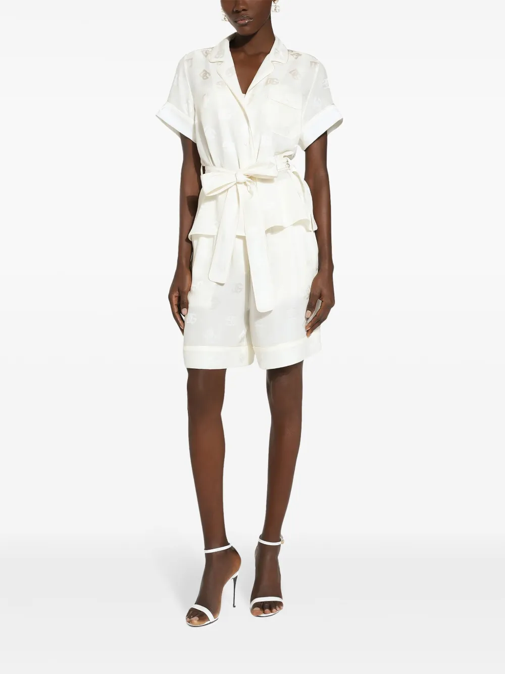 Dolce & Gabbana Blouse met gestrikte taille en monogram-jacquard Wit