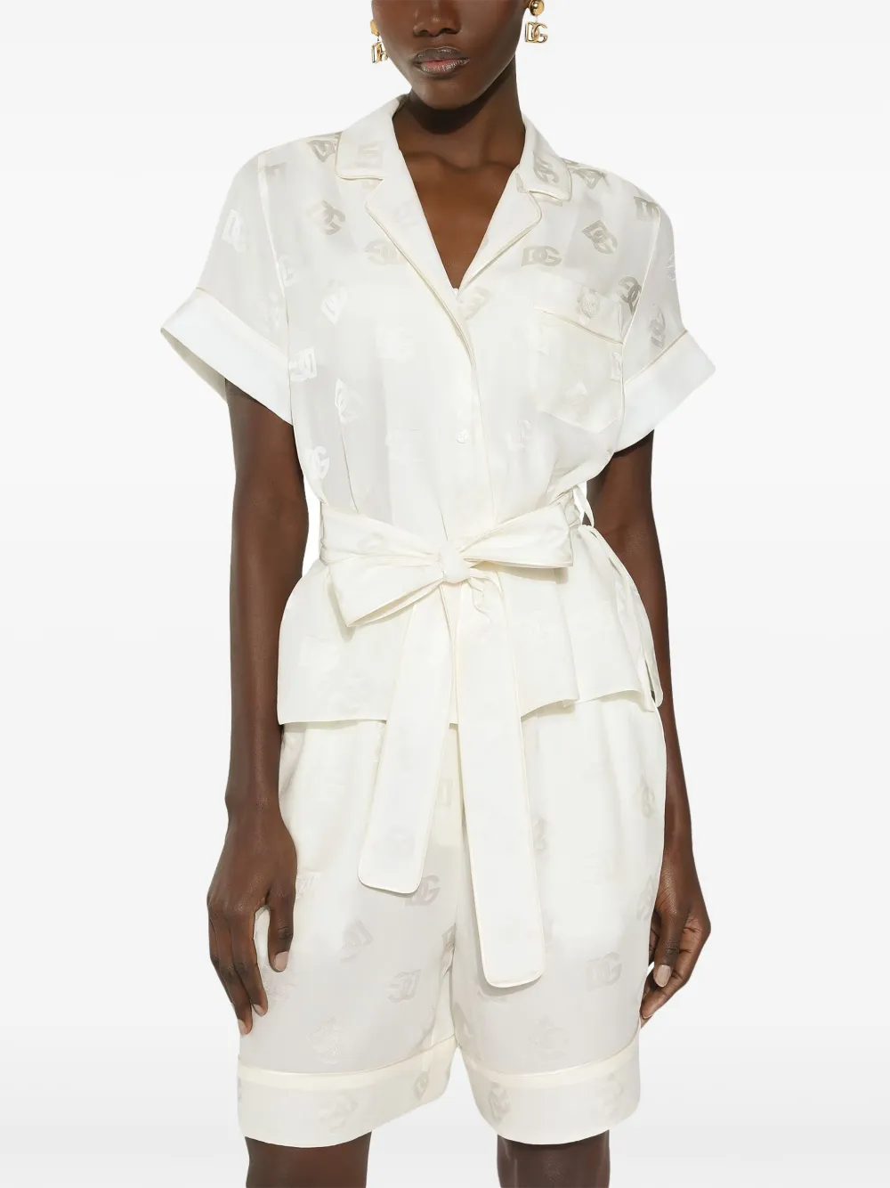 Dolce & Gabbana Blouse met gestrikte taille en monogram-jacquard Wit