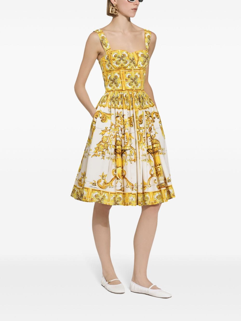 Shop Dolce & Gabbana Majolica Flared Cotton Dress In Yellow