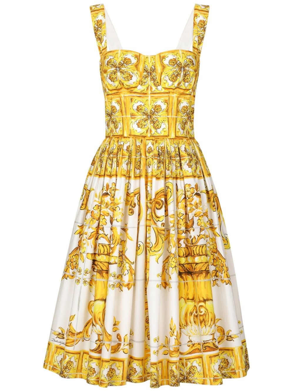 Dolce & Gabbana Majolica Flared Cotton Dress In Yellow