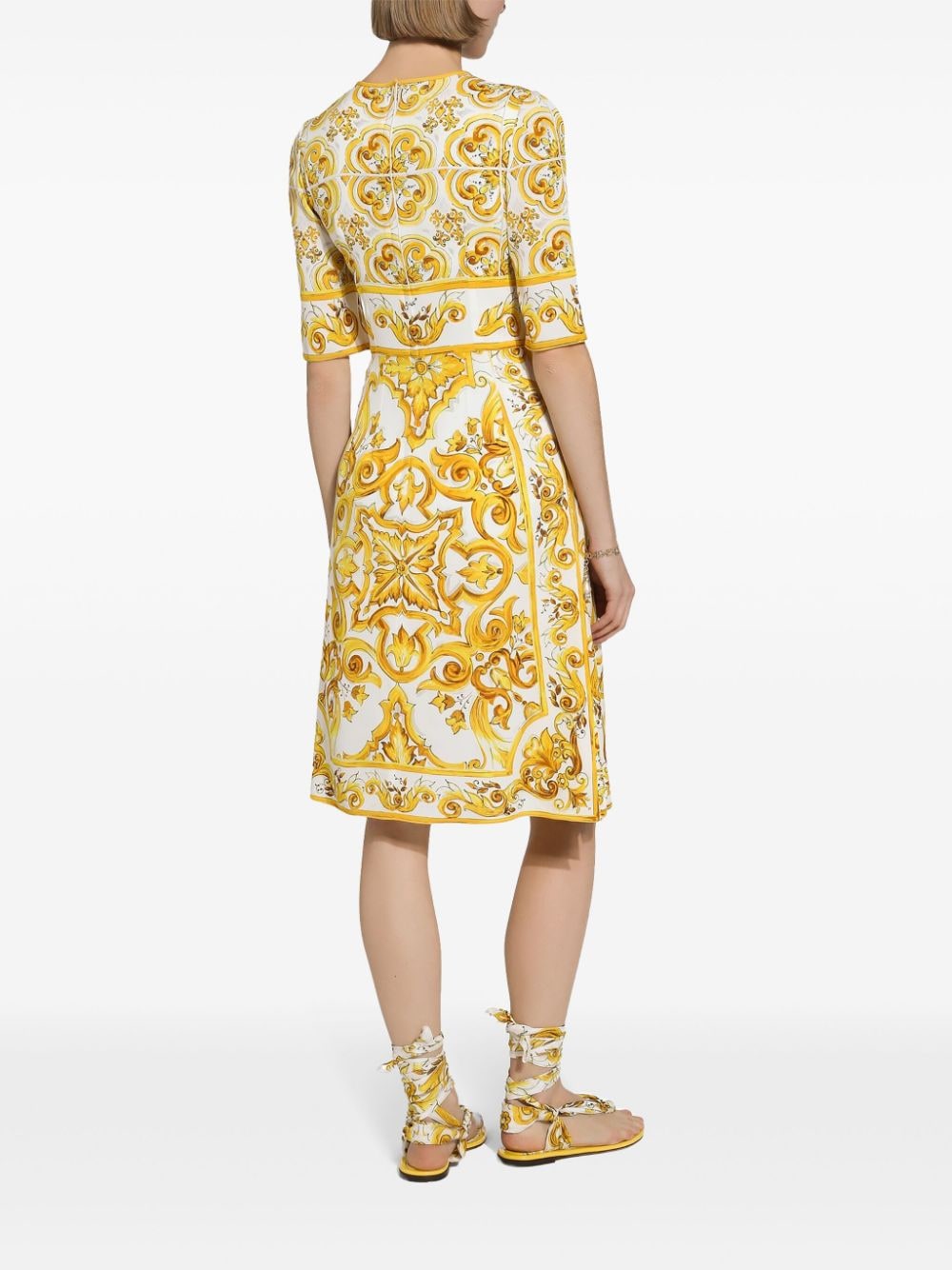 Shop Dolce & Gabbana Majolica Silk Crepe Dress In Yellow