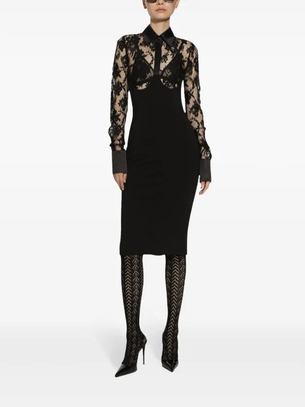 chinese dress ladies Dolce & Gabbana Black Polyester Lace Trim Sheath Midi Dress