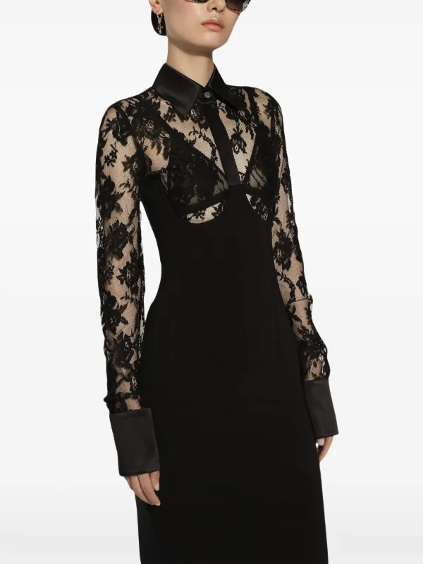 chinese dress ladies Dolce & Gabbana Black Floral Lace Trim Sheath A-Line Dress