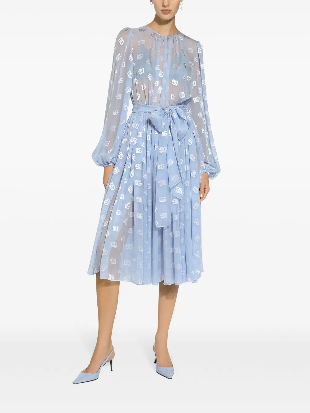 Dolce And Gabbana Monogram Jacquard Chiffon Midi Dress Blue Farfetch